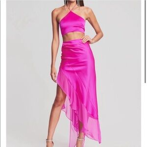 Retrofete Fuchsia Silk Hot Pink Halter Top with Matching Long Ruffle Maxi Skirt!
